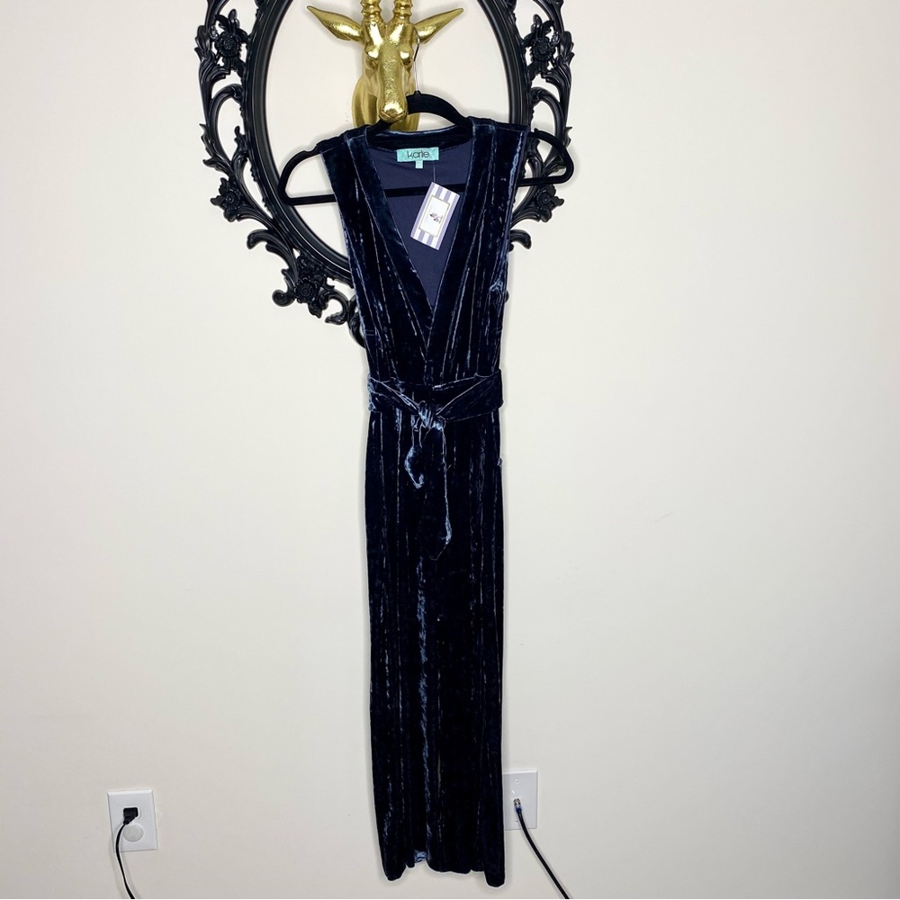 Karlie Dark Blue Crushed Velvet Sleeveless Cropped Wide Leg Jumpsuit